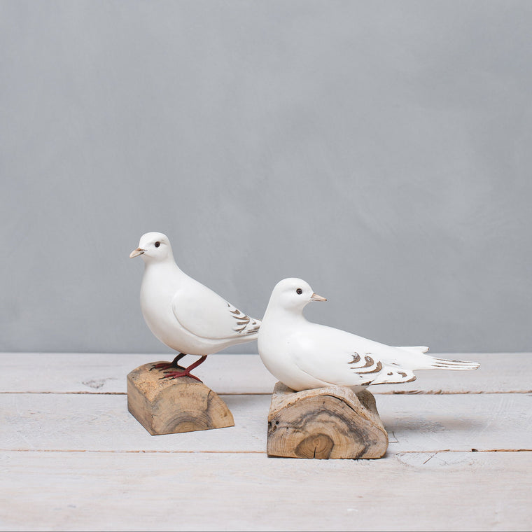 White Doves - Pair of Hand Carved Wooden Birds
