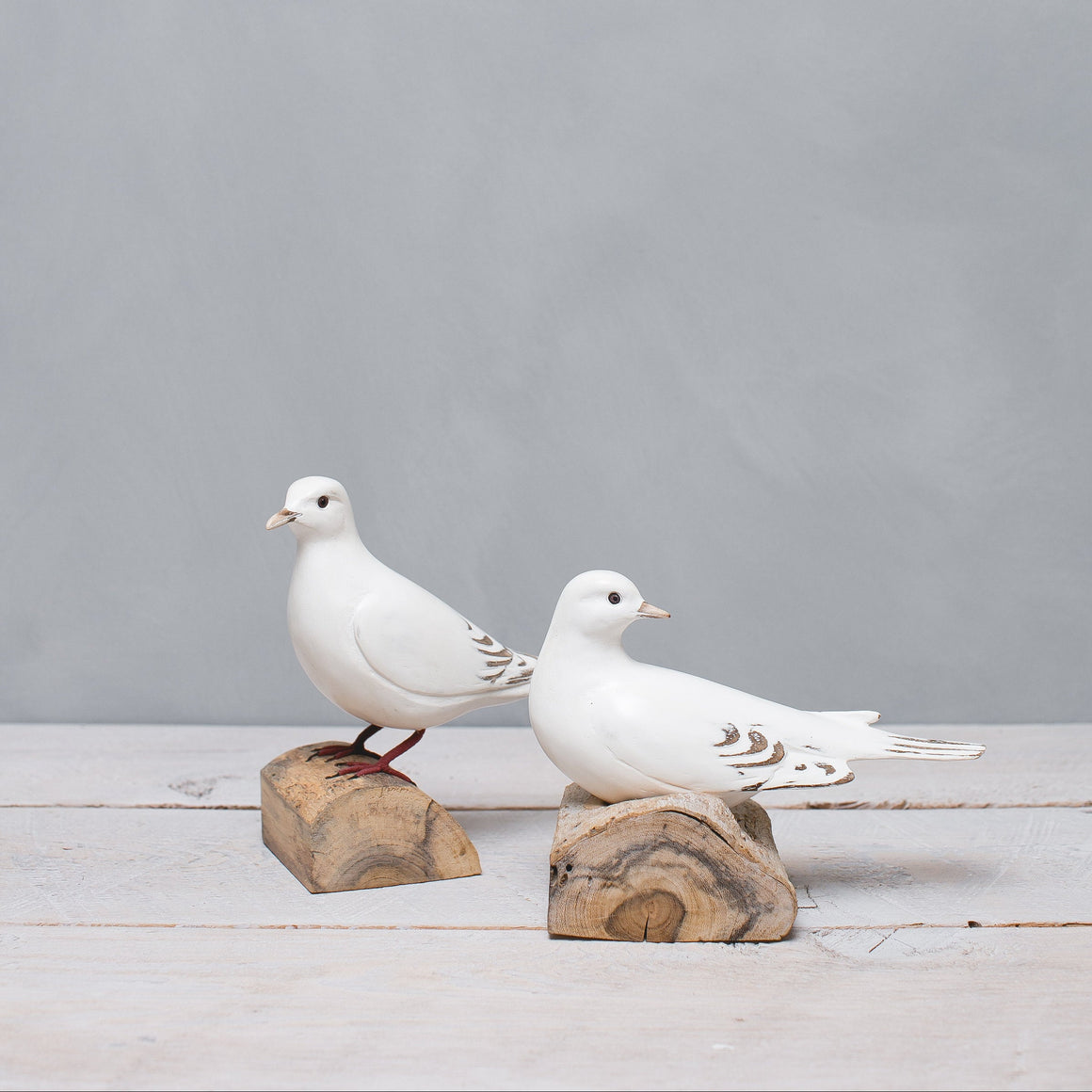 White Doves - Pair of Hand Carved Wooden Birds