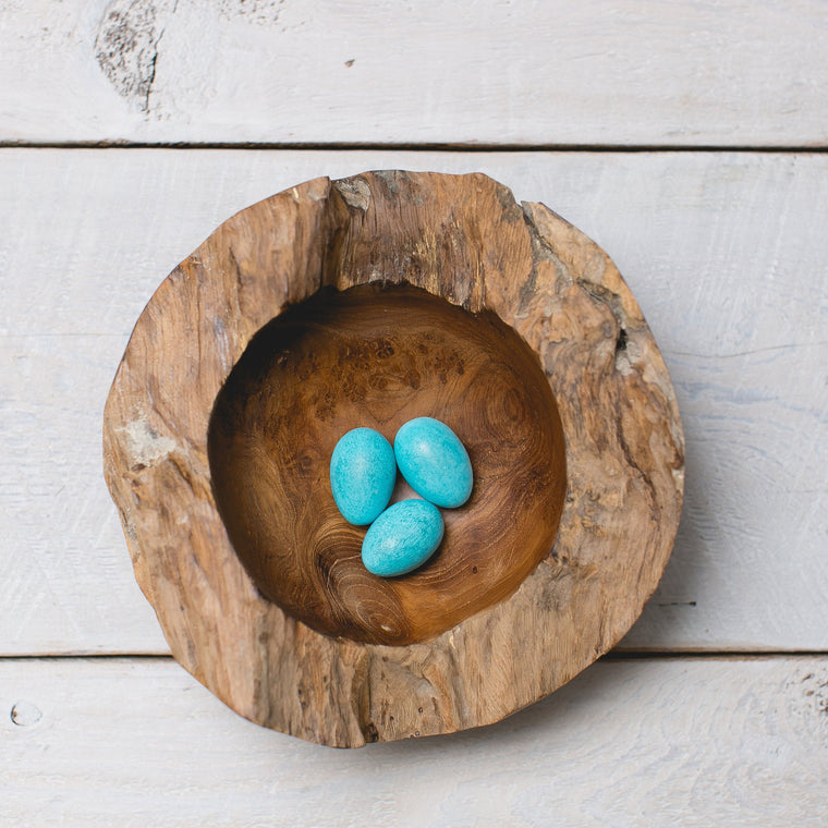 Hand carved wooden nest with robins eggs pale blue