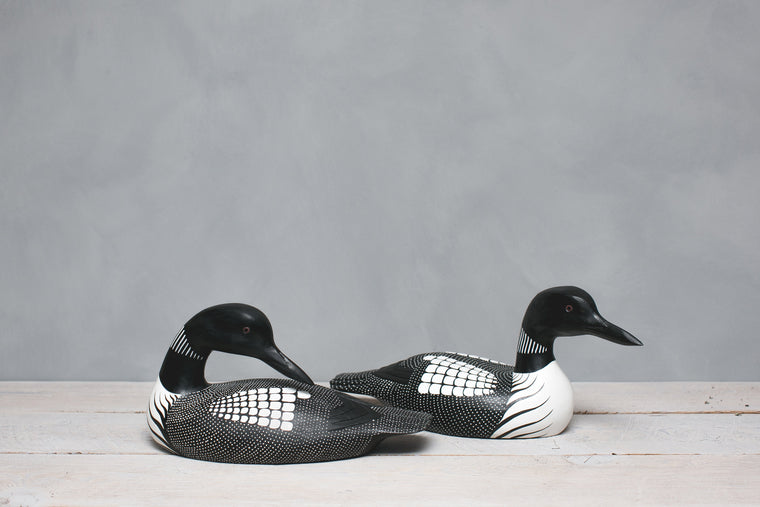 Hand carved wooden medium loon pair sculpture