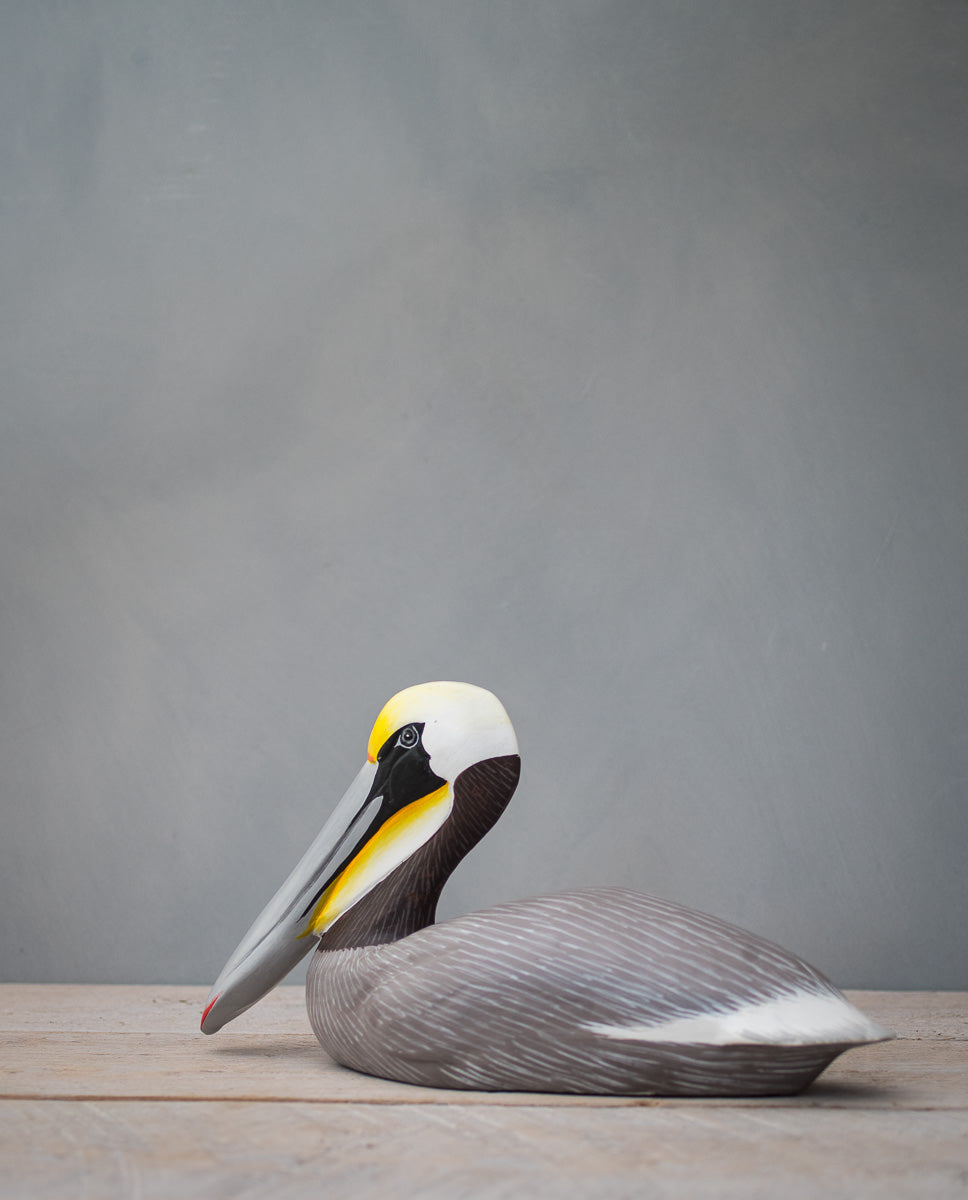 Hand Carved Wooden Brown Pelican on Post — Medium | 10"H