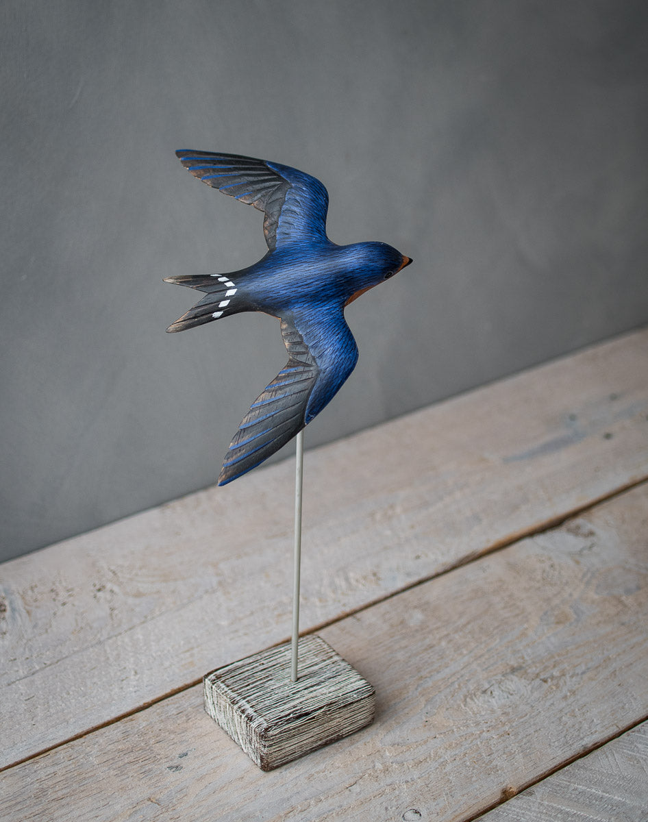 Hand carved wooden barn swallow flying sculpture 16 inches wingspan