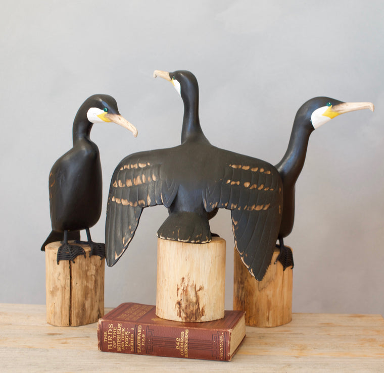Cormorant Trio: 3 Hand Carved Wooden Birds. Medium