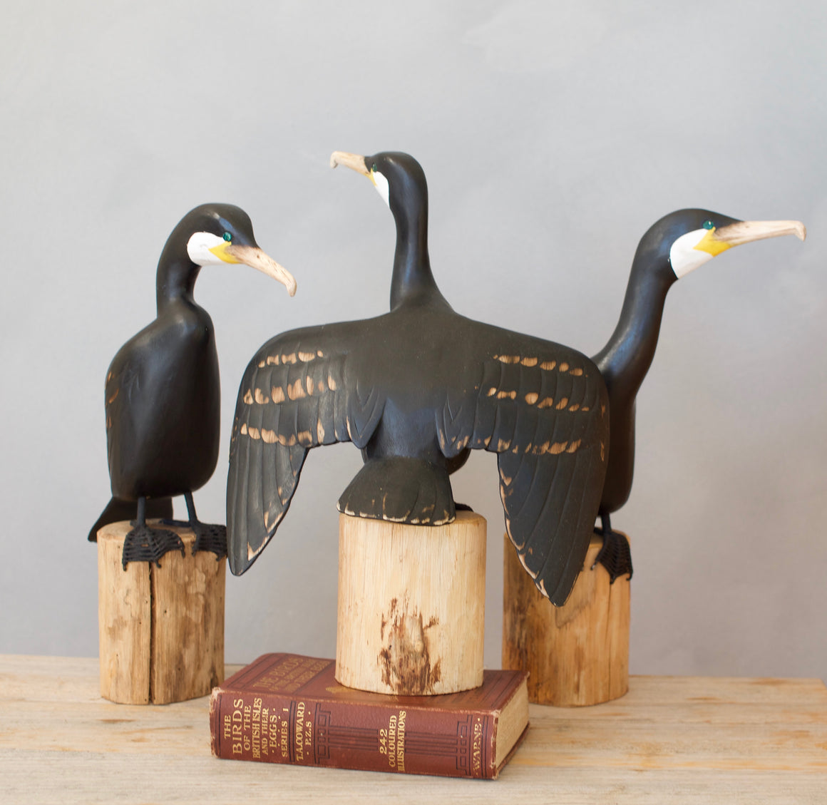 Cormorant Trio: 3 Hand Carved Wooden Birds. Medium