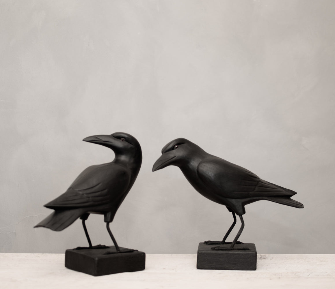 Hand Carved Wooden Crow Pair 20"L | Black Crow Decor | Corvid Art |Rustic Home Accent