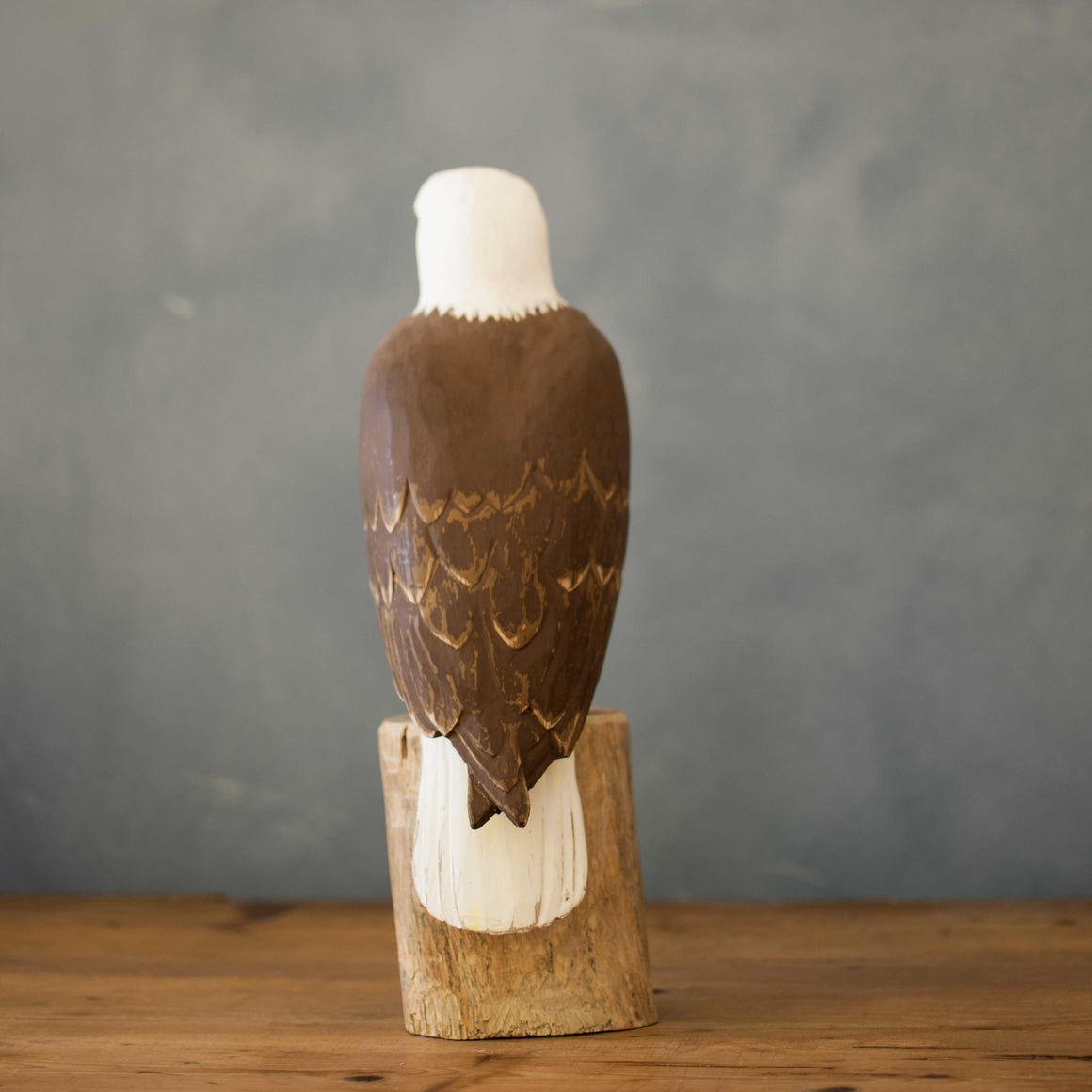 Hand Carved Wooden Bald Eagle on Stump -13"H – Realistic Bird Sculpture – Rustic Wildlife Decor – Handmade Eagle Art