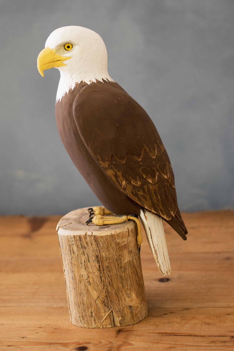 Hand Carved Wooden Bald Eagle on Stump -13"H – Realistic Bird Sculpture – Rustic Wildlife Decor – Handmade Eagle Art