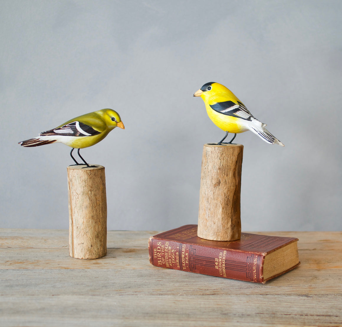 Goldfinch American - Pair- 8"H - Hand Carved Wooden Bird