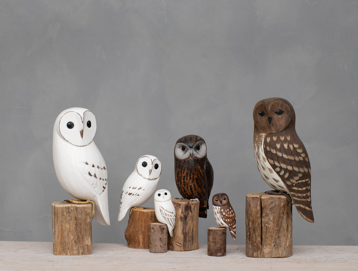 Hand Carved Wooden Baby Barn Owl Pair — 7.5"H