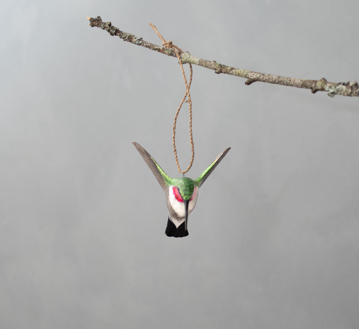 Hummingbird, Hanging Ornament-Hand Carved Wooden Bird - 3"H