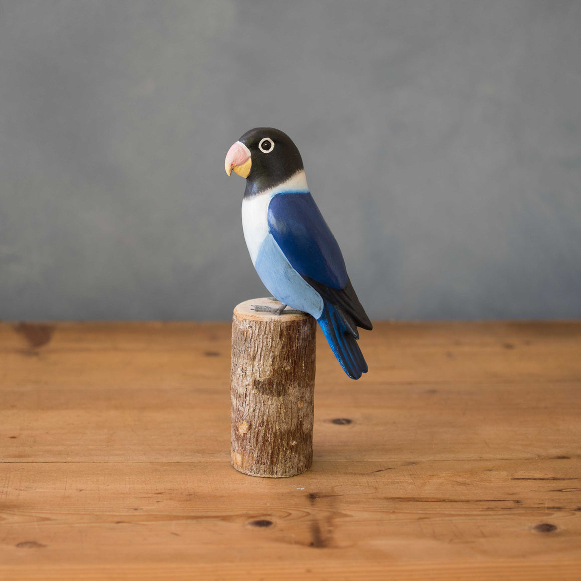 Hand Carved Wooden Lovebird — Black Head / Dark Blue | 7.5"H