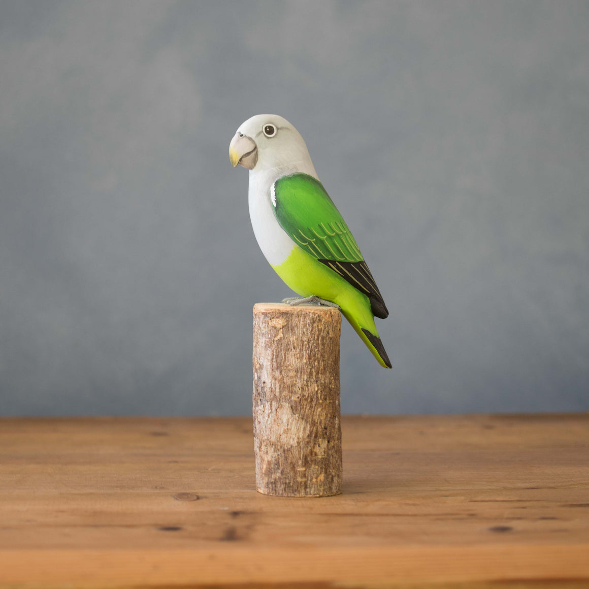 Hand carved wooden lovebird green sculpture 7.5 inches