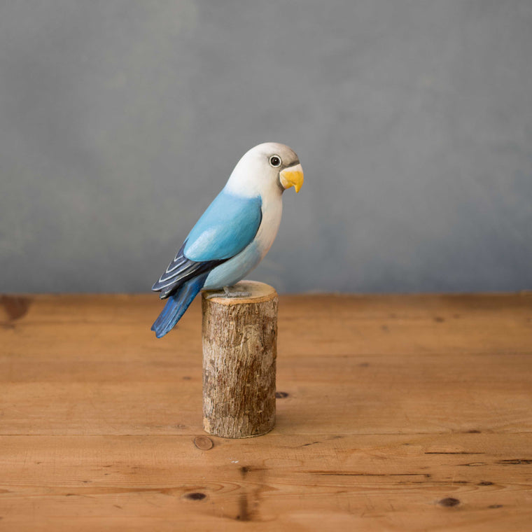 Hand carved wooden lovebird white head light blue sculpture 7.5 inches