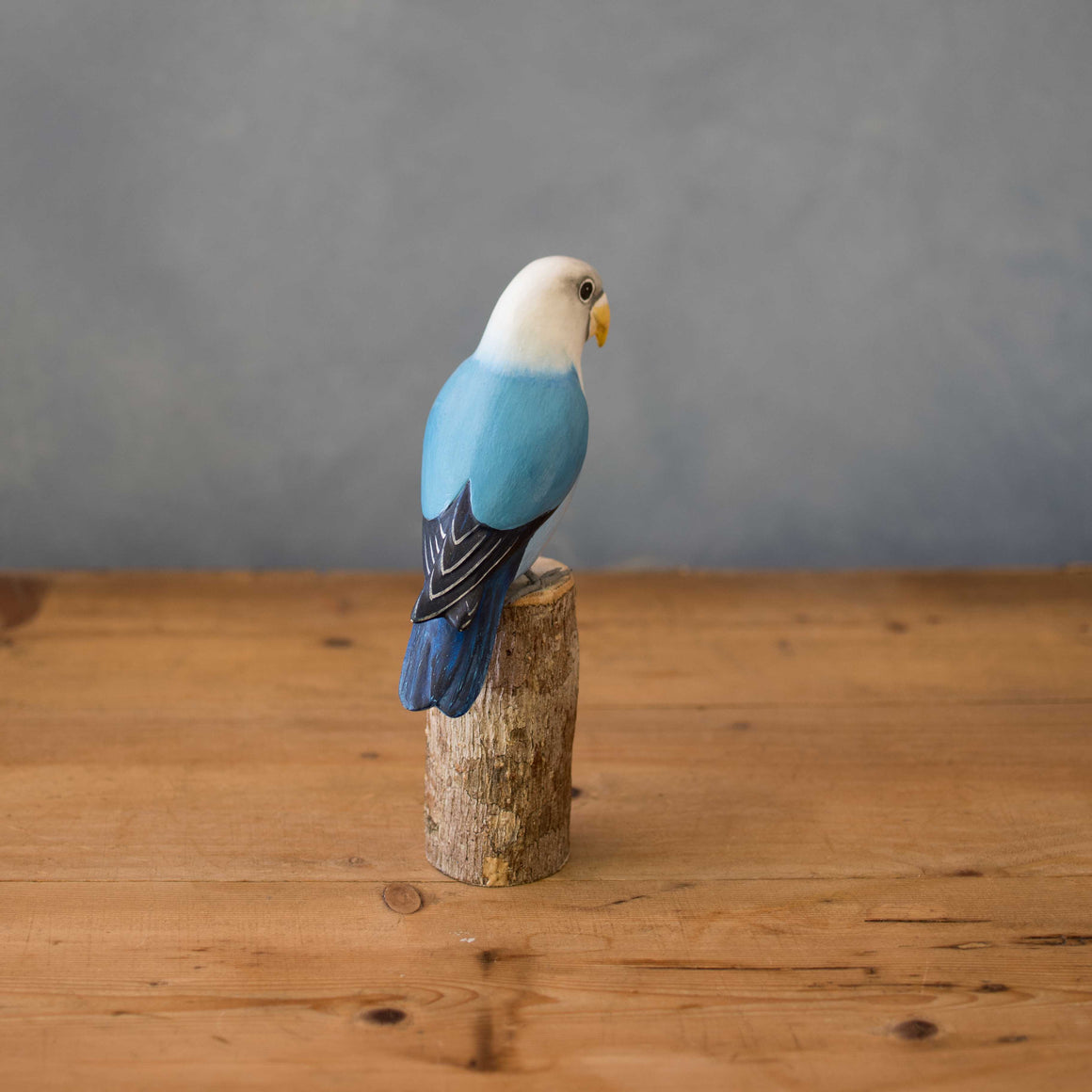 Hand Carved Wooden Lovebird — White Head / Light Blue | 7.5"H