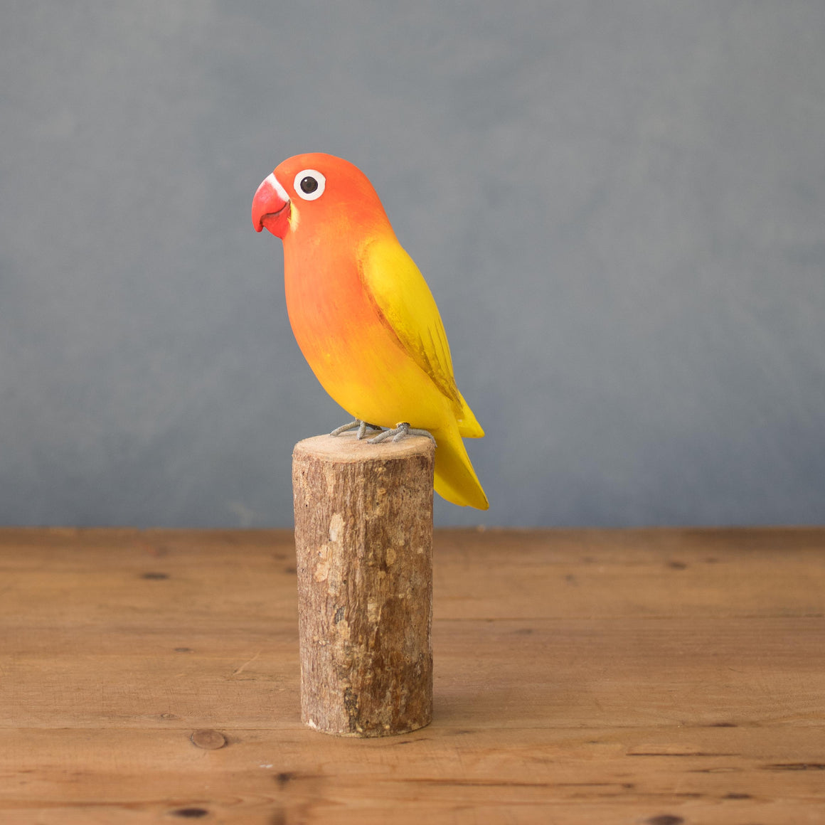 Hand carved wooden lovebird orange sculpture 7.5 inches
