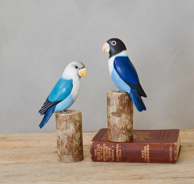 Hand carved wooden lovebird black head dark blue sculpture 7.5 inches