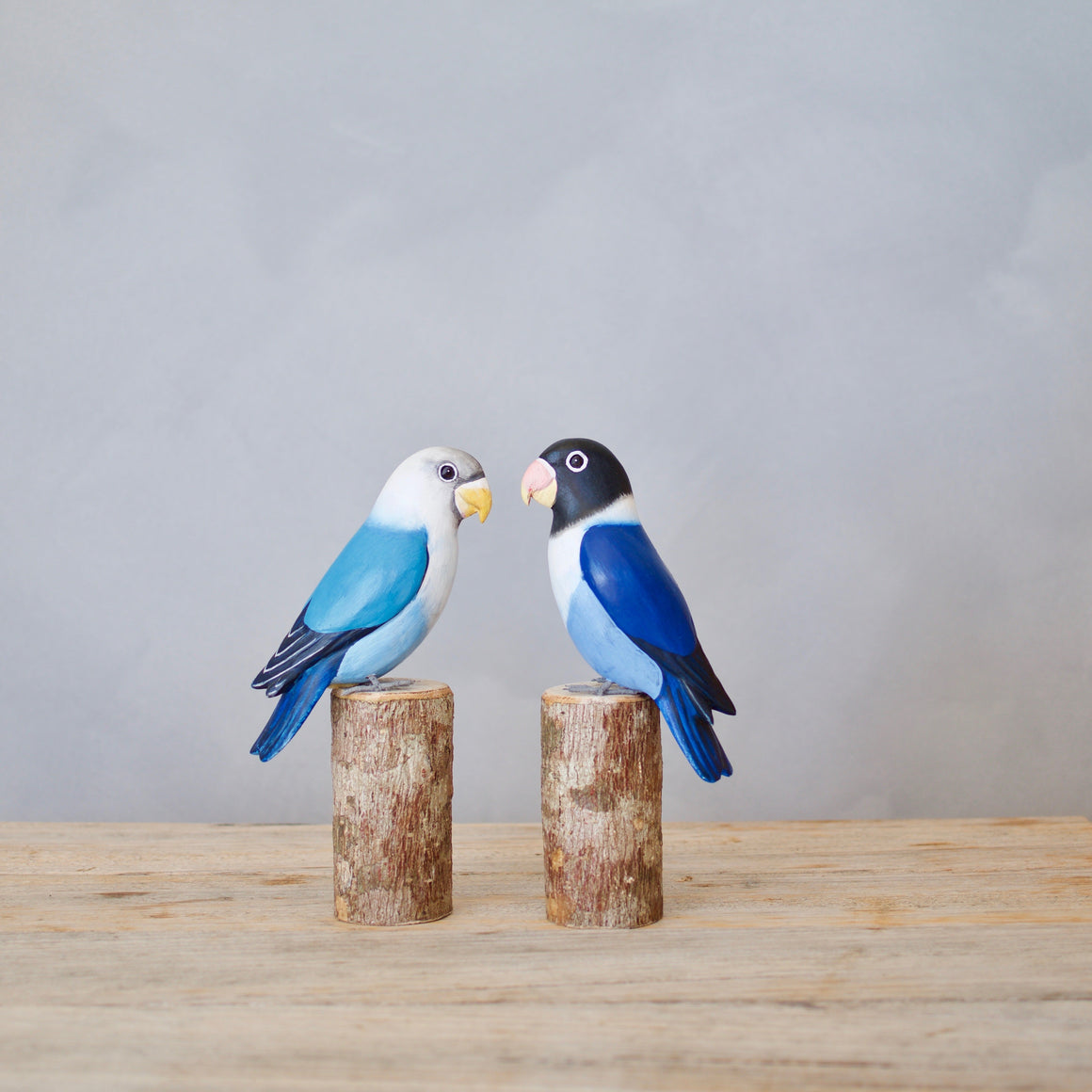Hand Carved Wooden Lovebirds Pair — Blue | 7.5"H