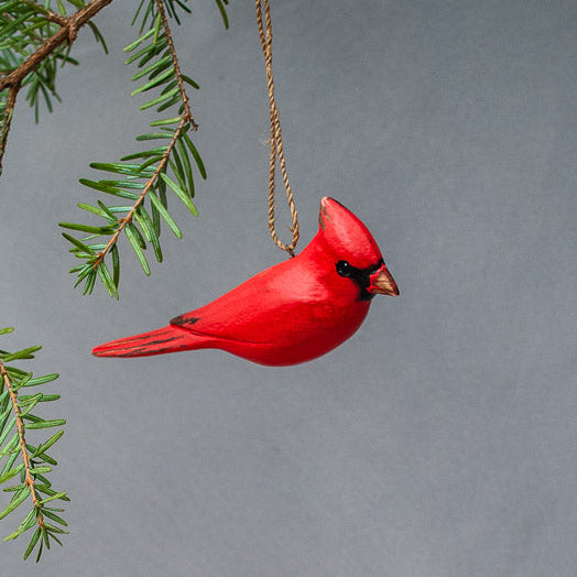 Hand Carved Wooden Cardinal Ornament — Hanging