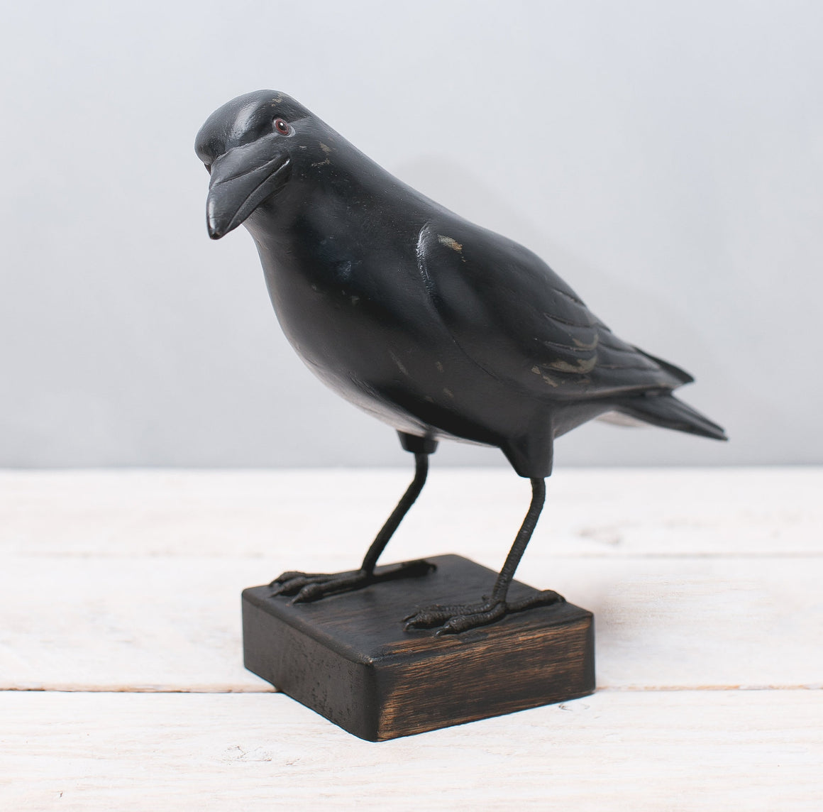 Hand Carved Wooden Crow — Turned | 9"H