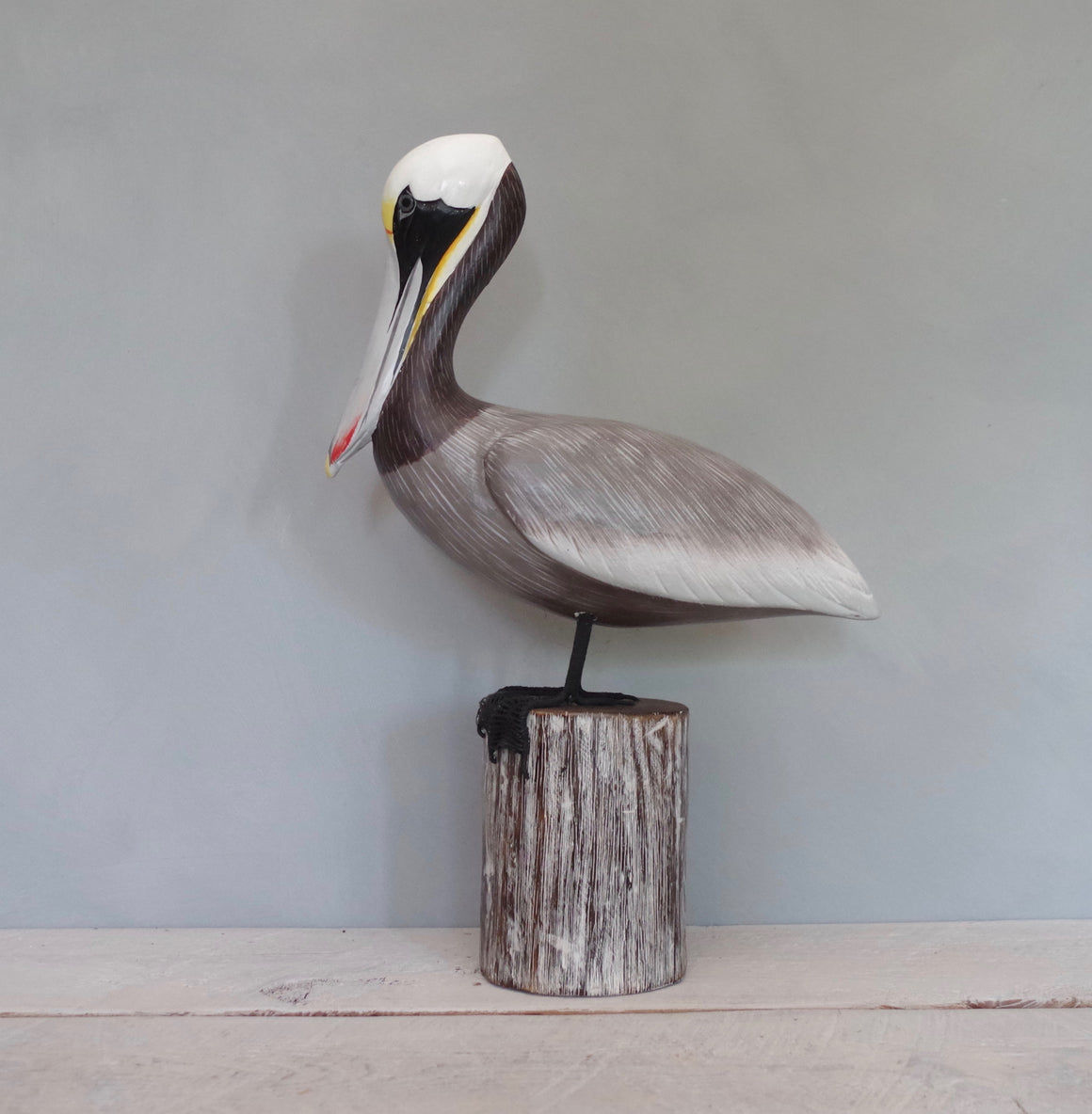 Hand carved wooden brown pelican on post large 17 inches