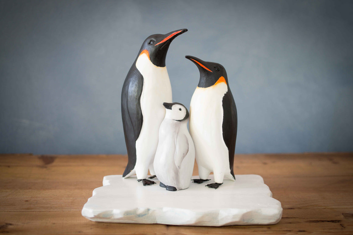 Penguin Family - 8"H  -Carved Wooden Ornament