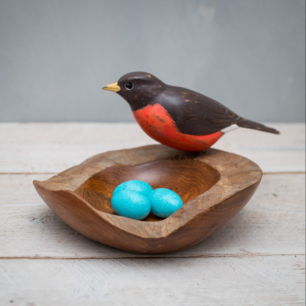 Hand Carved Wooden Nest with Robin's Eggs