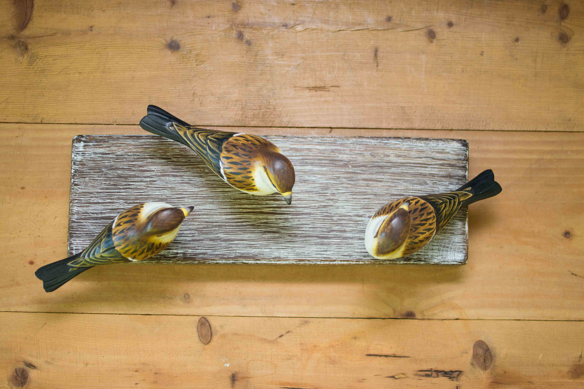 Hand Carved Wooden Sparrow Trio