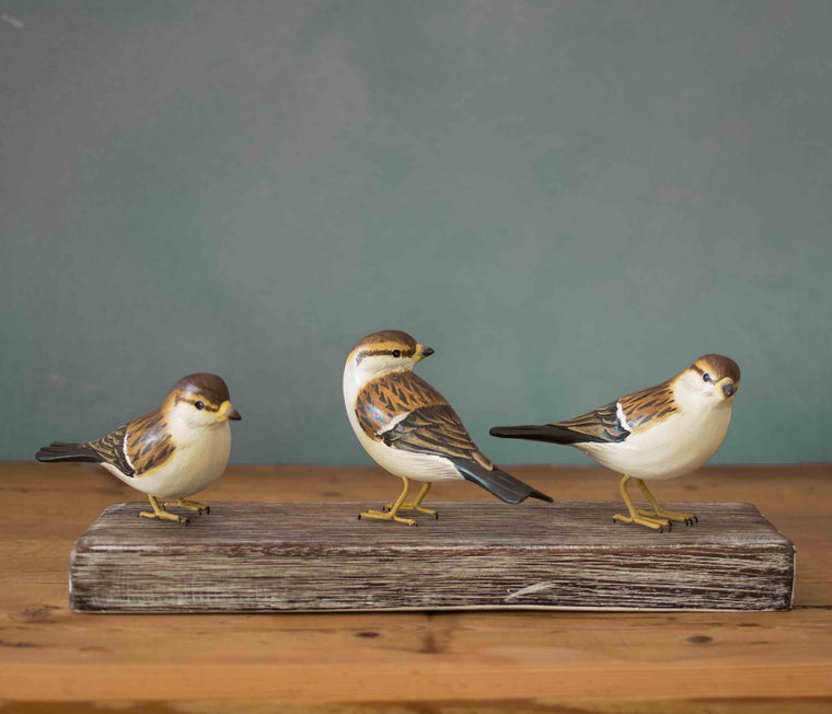 Hand carved wooden sparrow trio bird sculpture