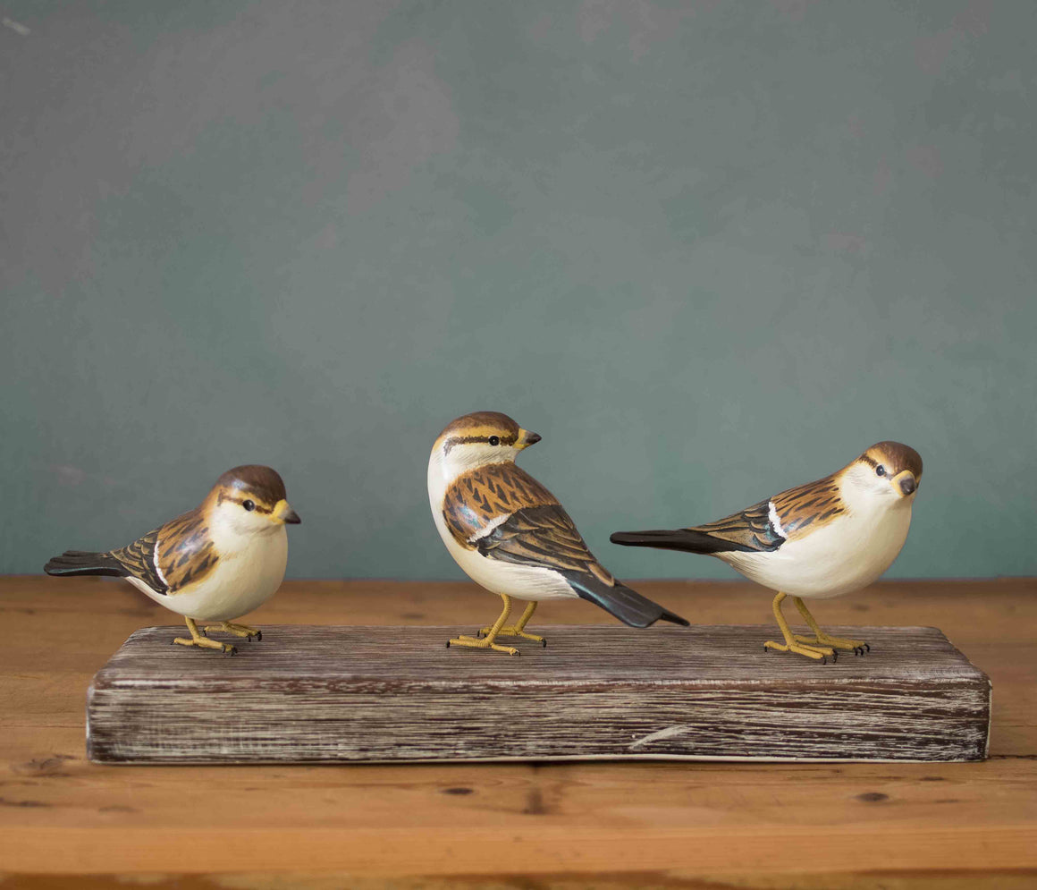 Hand carved wooden sparrow trio bird sculpture