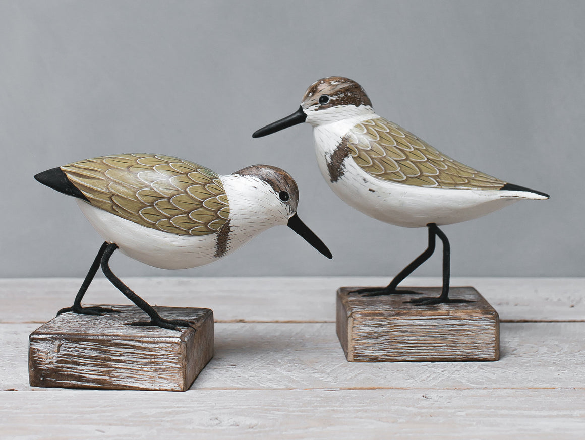 Hand carved wooden sanderlings pair sculpture