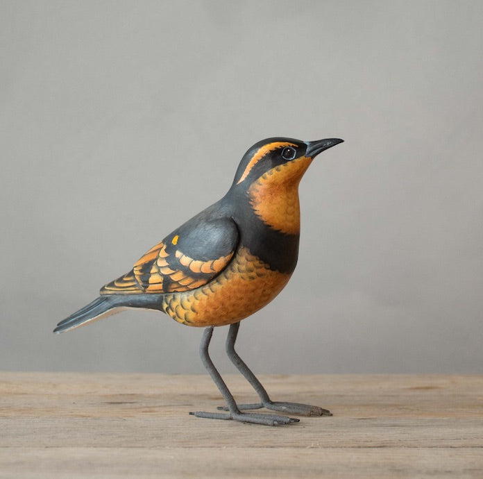 Hand carved wooden varied thrush Pacific Northwest bird sculpture 6.5 inches