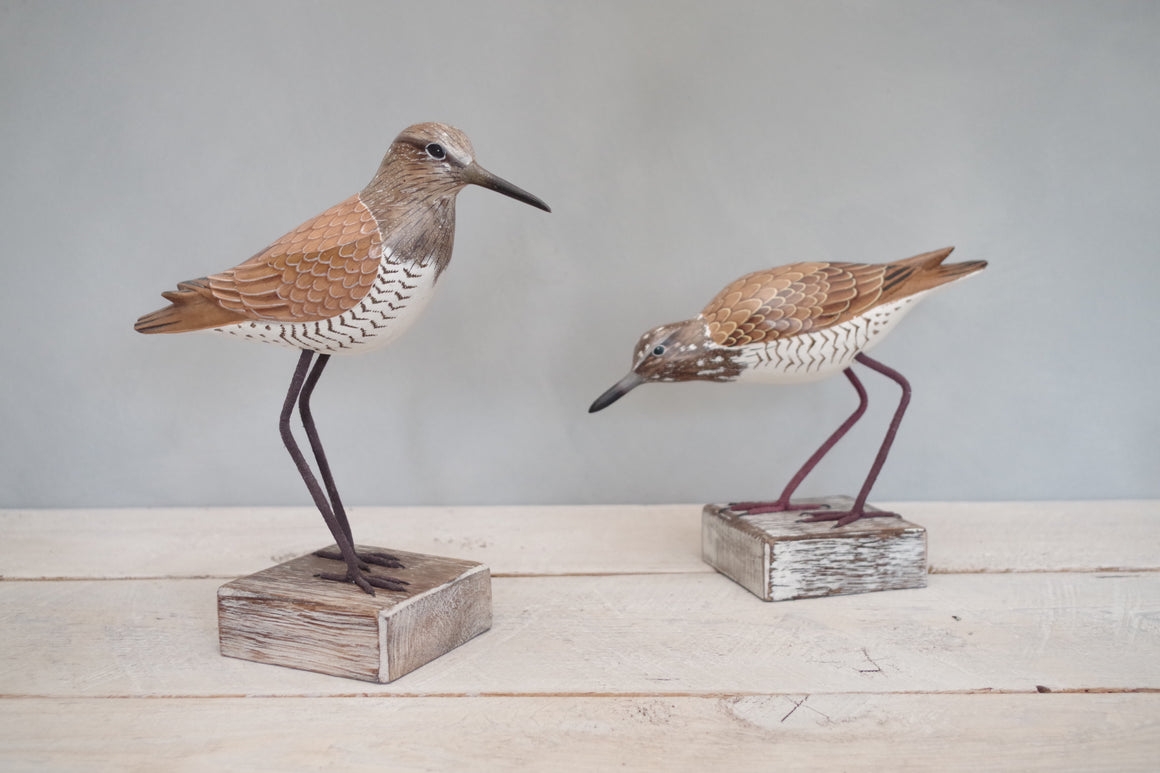 Hand carved wooden willets pair shorebird sculpture