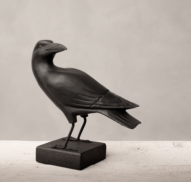 Crow Turned - 9"H - Hand Carved Wooden Bird