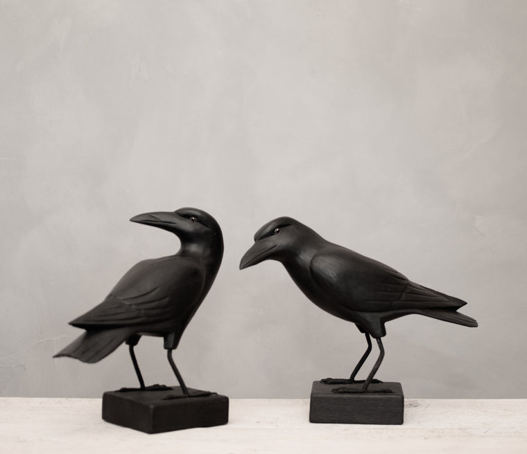 Crow Set/2 - Straight and Turned - 9"H - Hand Carved Wooden Bird
